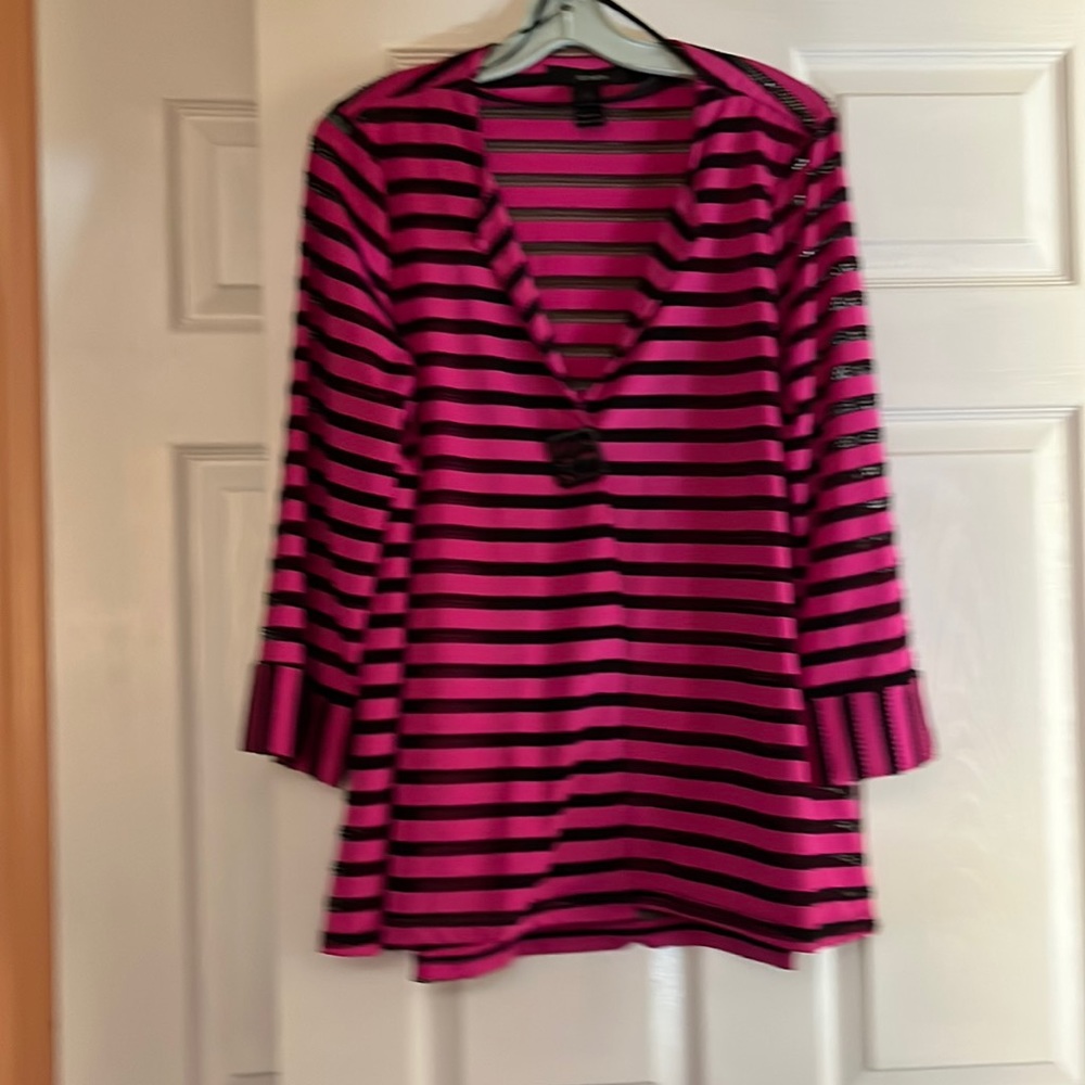 Ali Miles Hot Pink and Black Striped V-Neck Tunic Blazer